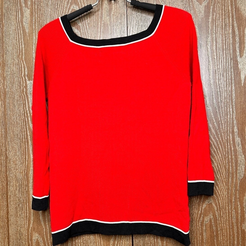 Sonia Red Top Black Trim Long Sleeve Knit Sweater Women's Size L Casual Stretch - Picture 6 of 7